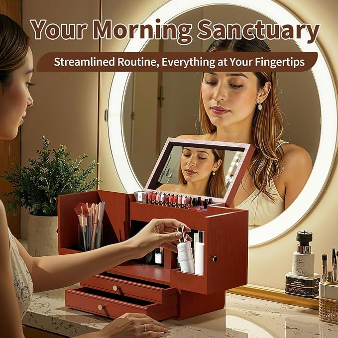 Makeup Organizer Countertop with Drawers: Wooden Multifunctional Dresser Top Cosmetics Storage Tabletop Skin Care Organizer Shelf for Desktop, Skincare, Beauty Supplies, Cosmetics Display