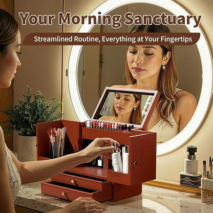 Makeup Organizer Countertop with Drawers: Wooden Multifunctional Dresser Top Cosmetics Storage Tabletop Skin Care Organizer Shelf for Desktop, Skincare, Beauty Supplies, Cosmetics Display