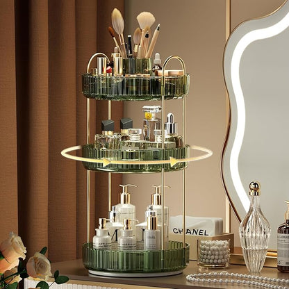 YCIA&DONE Rotating Makeup Organizer for Vanity, Large Capacity Make Up Storage Skin care Shelf Perfume Holders Cosmetic Dresser Organizer Countertop Spinning 360 (Vintage Green, 3Tiers)