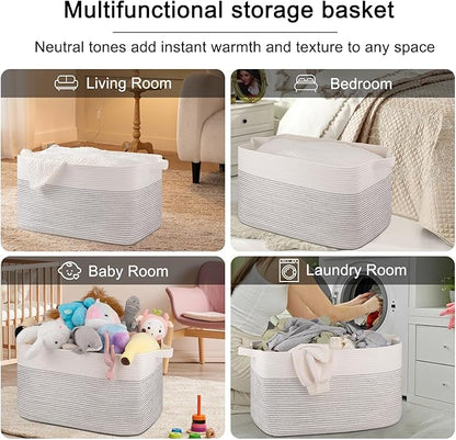 OIAHOMY Extra Large Blanket Basket, 95L Cotton Rope Woven Laundry Basket, Toy Bin for Baby Room, Container for Blanket Storage in Living Room, 24''×17''×14'', Black & White