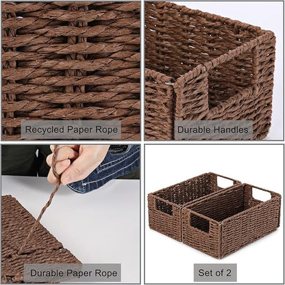 Vagusicc Wicker Storage Basket, Set of 2 Hand-Woven Paper Rope Wicker Basket, Small Storage Baskets for Organizing Toilet Paper Basket, Foldable Large Cube Storage Organizer Bins for Shelves (Brown)