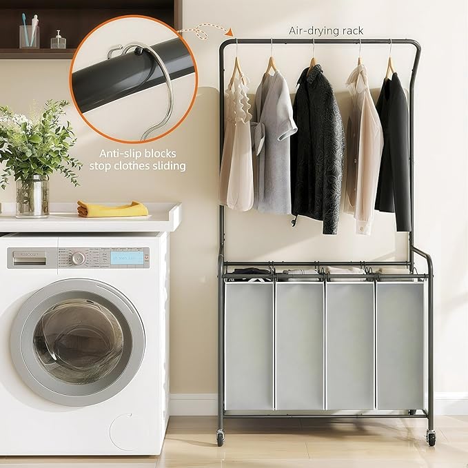ROMOON Laundry Hamper Sorter Cart: 4 Section Organizer with Hanging Bar and Heavy-duty Lockable Wheels | 180L Rolling Laundry Basket with Clothes Rack in Laundry Room or Small Spaces (Grey)