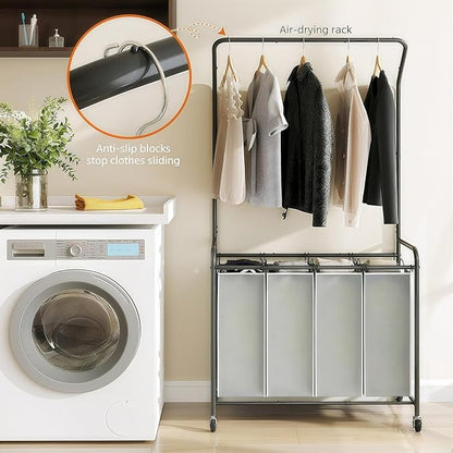 ROMOON Laundry Hamper Sorter Cart: 4 Section Organizer with Hanging Bar and Heavy-duty Lockable Wheels | 180L Rolling Laundry Basket with Clothes Rack in Laundry Room or Small Spaces (Grey)