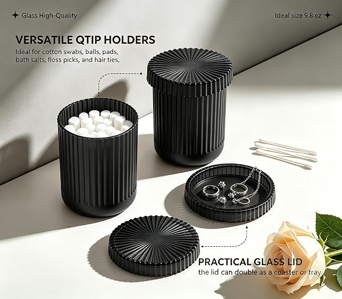 2 Pack Glass Qtip Holder Dispenser Set - Bathroom Organizer for Cotton Swabs, Balls, Pads, Floss Picks - Clear Apothecary Jars for Vanity, Makeup Storage, Bathroom Accessories Decor (Black)
