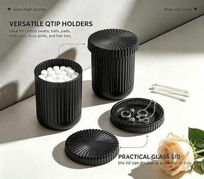 2 Pack Glass Qtip Holder Dispenser Set - Bathroom Organizer for Cotton Swabs, Balls, Pads, Floss Picks - Clear Apothecary Jars for Vanity, Makeup Storage, Bathroom Accessories Decor (Black)