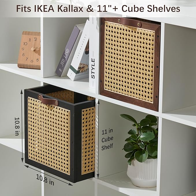 2PCS Rattan Storage Cubes Wooden Storage Baskets Boxes Decorative Natural Handmade Bohemian Solid Wood Woven Wicker Cane Bin Closet Shelf Clothes Organizer Books Magazine Holder (Black)