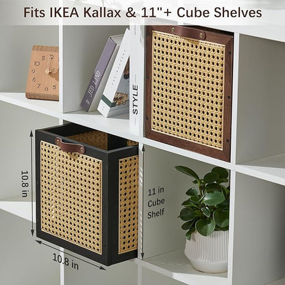 2PCS Rattan Storage Cubes Wooden Storage Baskets Boxes Decorative Natural Handmade Bohemian Solid Wood Woven Wicker Cane Bin Closet Shelf Clothes Organizer Books Magazine Holder (Black)