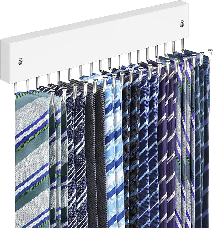 Tie Rack Belt Hanger Wall Mounted, Lomrsiul Non Slip 180 Degree Rotating Tie Organizer for Men Closet with 18 Hooks Closet Organizers and Storage for Tie Belt Necklace Purse Scarf Bag White 1 Pack