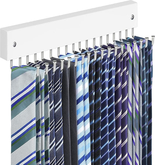 Tie Rack Belt Hanger Wall Mounted, Lomrsiul Non Slip 180 Degree Rotating Tie Organizer for Men Closet with 18 Hooks Closet Organizers and Storage for Tie Belt Necklace Purse Scarf Bag White 1 Pack