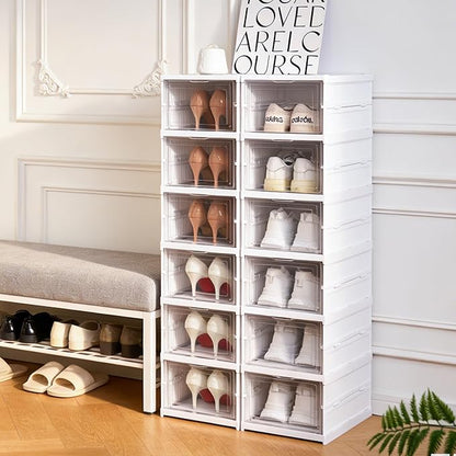 ZLLZUU Shoe Storage Box, No-Assembly 6 Tiers Foldable Shoe Organizer with Clear Door, Space-saving Shoe Rack，Sturdy Clear Plastic Stackable Sneaker Container