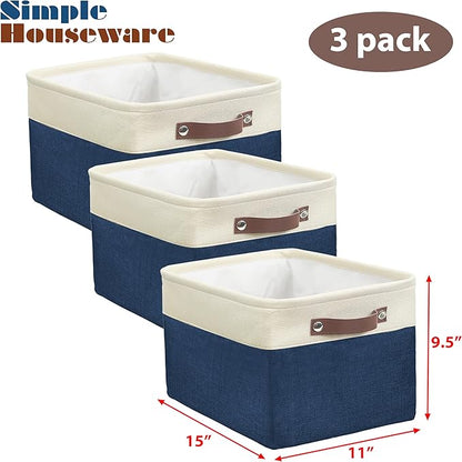 Simple Houseware 15" x 11" Large Fabric Storage Bin for Closet and Shelves, Leather Like Handles, 3 Pack, Steel Blue