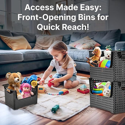 TidyFriend 4 Pk Large Stackable Storage Bins Open Front for Pantry Organizers and Storage, Pantry Storage for Food, Kitchen and Home Organization, Plastic Storage Bins, Dorm Room Essentials (Black)