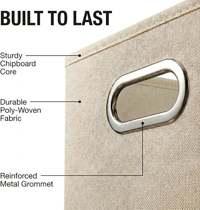 Fabric Storage Bins 6 Piece Set, Strong Poly-Woven Fabric, Sturdy Chipboard Sides, Grommet Front Handle, Stackable and Foldable, Classic Design, Cream
