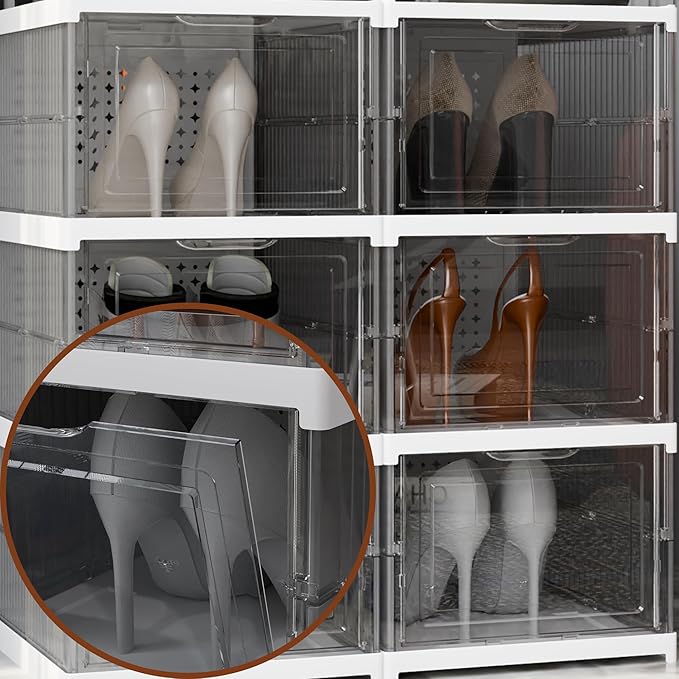YIIHAA 6 Tier Shoe Rack Shoe Storage Box Size up to 14, No Assembly Stackable with Clear Door, Free Standing Shoe Shelf Cabinet with Lid, Plastic Shoe Rack (Transparent)