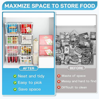 SUNALLY Freezer Organizer Bins, 8 Pack Chest Freezer Organizer Stackable for 5-7 Cu.FT Deep Freezer Sort Frozen Meats and Food, Freezer Storage Baskets with Handles Easy Reach from Bottom, White
