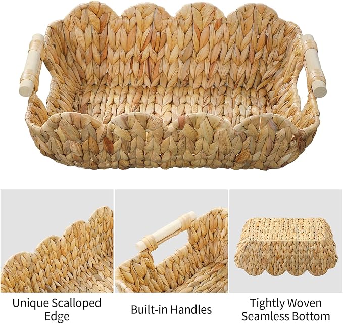 Coeusy Small Wicker Basket 2 Pack,Scalloped Basket for Organizing and Decor,Natural Water Hyacinth Storage Baskets with Wooden Handles for Gifts,Snack,Shelves