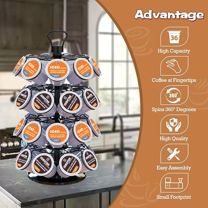 BLACKSMITH FAMILY 36 K Cup Pod Carousel Easy Assembly Design K Cup Holders,K Cup Holder, K Cups Holder,K Cup Carousel, 4-Tier Coffee Pods Holder Storage Organizer Stand,Glossy Black
