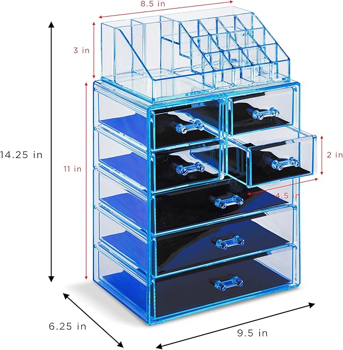 Sorbus Acrylic Makeup Organizer Set, 7-Drawer Vanity & Countertop Cosmetic Storage with Small & Wide Compartments, Blue Brilliance Makeup Storage for Brushes, Jewelry – Holiday Gift for Women & Teens