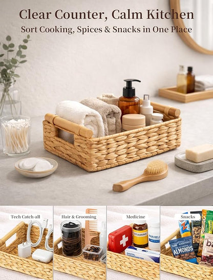 Water Hyacinth Wicker Basket, 10.24*7.87*3.94 Inch Woven Basket with Handles, Wooden Handles Wicker Storage Basket, Rattan Basket for Decorative Baskets, Pantry, Shelves, Gift, Toys - Small