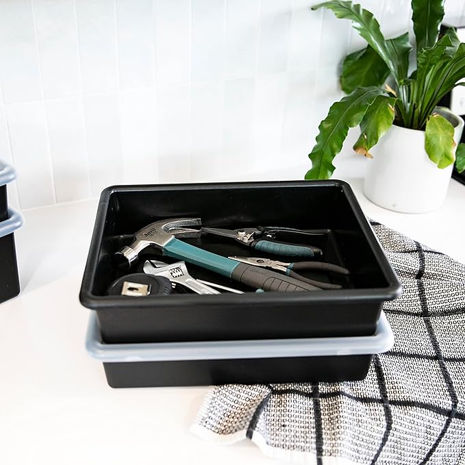 ECR4Kids Letter Size Plastic Tray Organizer with Lids, Small, Storage Bins, Black, 10-Piece
