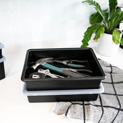 ECR4Kids Letter Size Plastic Tray Organizer with Lids, Small, Storage Bins, Black, 10-Piece