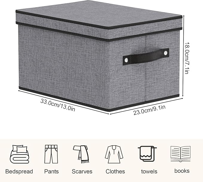 Fabric Storage Bin with Lid, 7.1 x 9.1 x 13 Inch Foldable Storage Box for Shelves with Handles, Decorative Linen Closet Organizer, Gray, 1-Pack