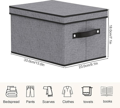Fabric Storage Bin with Lid, 7.1 x 9.1 x 13 Inch Foldable Storage Box for Shelves with Handles, Decorative Linen Closet Organizer, Gray, 1-Pack