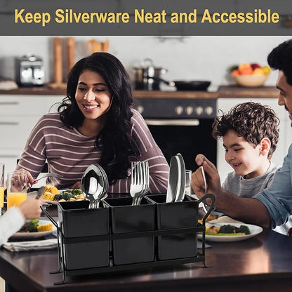 ECOIOU Cutlery Holder with Drain Holes, Dishwasher Safe Silverware Caddy for Party, Kitchen Counter, 3pcs Bins Set Countertop Utensil Holder for Spoons, Forks and Knives, Black