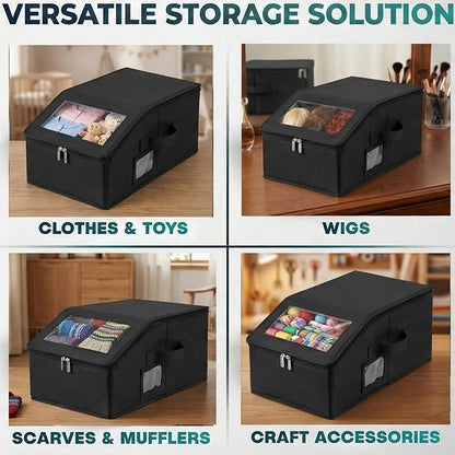 2-Pack Black Hat Organizer Boxes – Holds Up to 24 Caps Stackable Baseball Cap Storage, Breathable Fabric, Clear Window Lid, Foldable & Dustproof Hat Rack for Closet or Shelf