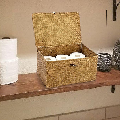 Hipiwe Wicker Shelf Baskets Bin with Lid, Handwoven Seagrass Basket Storage Bins Rectangular Household Basket Boxes for Shelf Wardrobe Home Organizer, Caramel Large