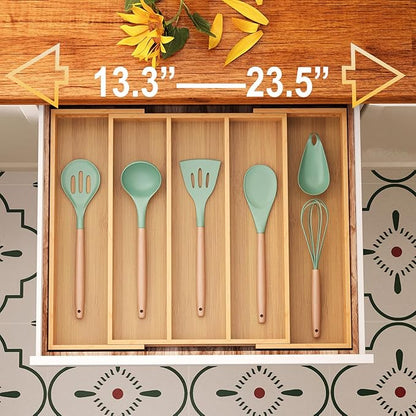 Fibogollo Expandable Kitchen Drawer Organizer,Bamboo Silverware Organizer,Adjustable Flatware Tray for Utensils(16.92 * 13.30~22.83 * 1.96)