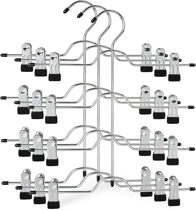 TOPIA HANGER 4 Tier Metal Skirt Hangers for Women, Pants Hanger Space Saving with Adjustable Clips, Gain 70% More Space, Non Slip Grip for Slacks, Trousers, Shorts, Jeans, Towels, Black, 3-Pack, CT24B
