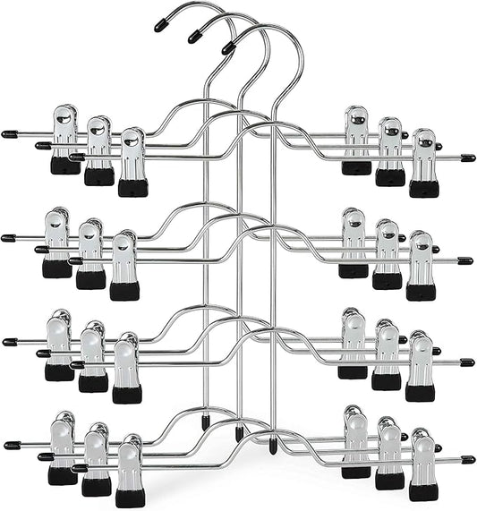 TOPIA HANGER 4 Tier Metal Skirt Hangers for Women, Pants Hanger Space Saving with Adjustable Clips, Gain 70% More Space, Non Slip Grip for Slacks, Trousers, Shorts, Jeans, Towels, Black, 3-Pack, CT24B