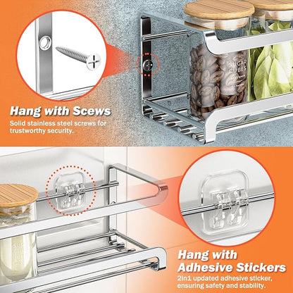 Bunoxea Spice Rack wall mounted 4 Pack, Space-Saving Spice Organizer for Spice Jars and Seasonings,Screw or Adhesive Hanging Spice Rack Organizer for Your Kitchen Cabinet,or Pantry Door,Chrome