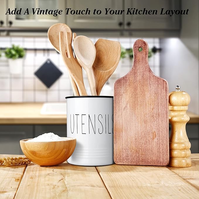 Bivvclaz Kitchen Utensil Holder, 6.7" Utensil Holder for Kitchen Counter, Cooking Utensil Crock with Cork Bottom, Modern Farmhouse Decor, Countertop Utensil Storage Caddy Organizer, White
