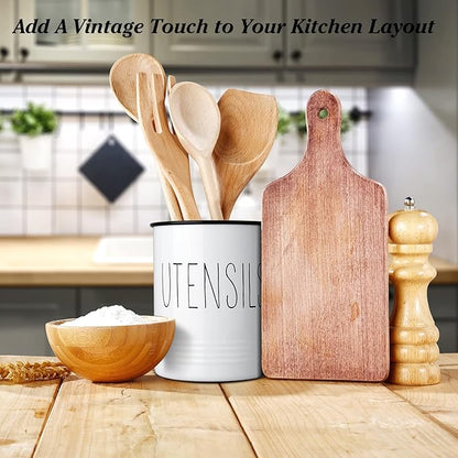 Bivvclaz Kitchen Utensil Holder, 6.7" Utensil Holder for Kitchen Counter, Cooking Utensil Crock with Cork Bottom, Modern Farmhouse Decor, Countertop Utensil Storage Caddy Organizer, White