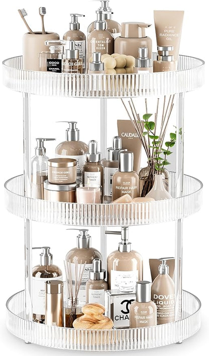 3 Tier Lazy Susan Bathroom Countertop Organizer, 360° Clear Rotating Makeup Cosmetic Perfume Storage Tray, Spinning Vanity Organizer Shelf for Bathroom Cabinet, Dresser, Kitchen(Large)