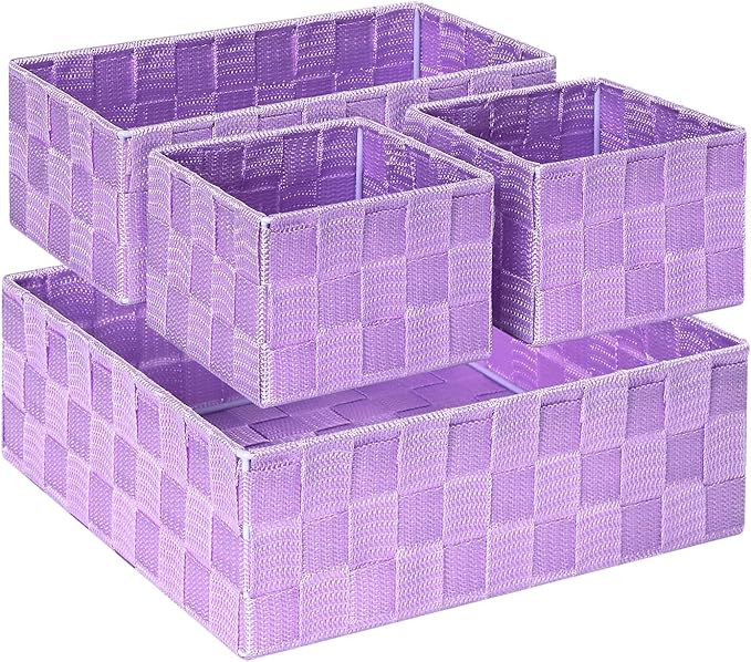 Posprica Woven Storage Baskets for Organizing, Small Black Baskets Cube Bin Container Tote Organizer Divider for Drawer, Closet, Shelf, Dresser, Set of 4(Purple)