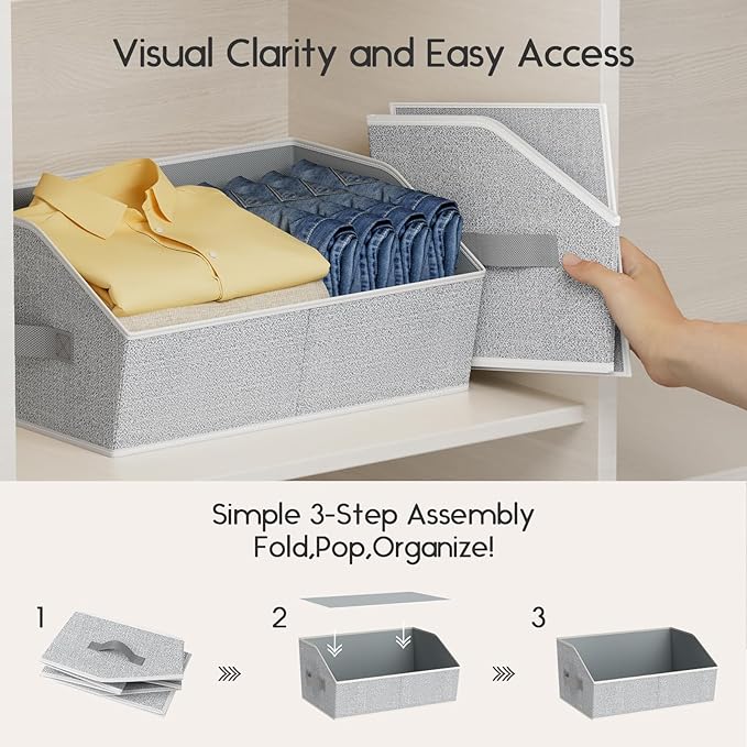 Homsorout Large Closet Organizers and Storage Bins - 8 Pack Trapezoid Storage Baskets for Shelves, Foldable Fabric Baskets with Handles Ideal for Closet, Basket, Wardrobe and Shelf Storage, Light Grey
