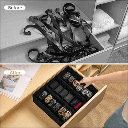 3 Pack Fabric Belt Organizer with 6 Grids per Organizer, Foldable Drawer Organizers for Closet and Drawer, Belt and Tie Holder - Black