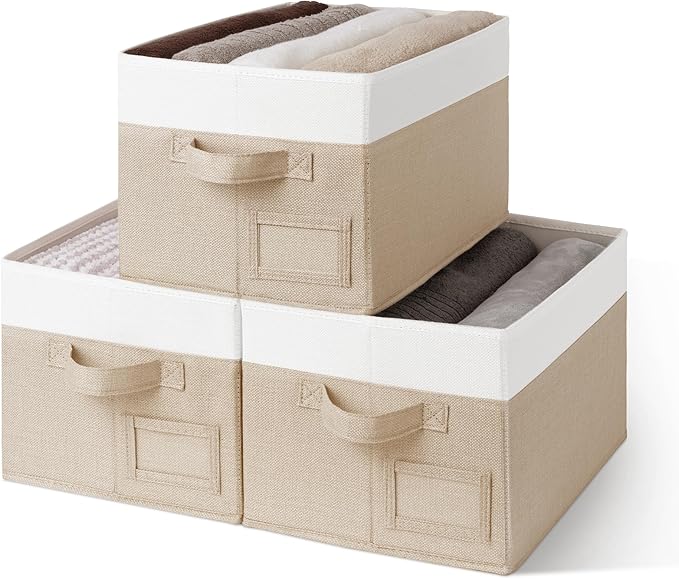 GRANNY SAYS Closet Storage Bins, Storage Baskets for Closet, Fabric Bins for Clothes, Closet Organizer Bins, Khaki&Ivory, Medium, 3-Pack