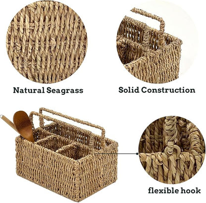 PEMAR Large L-Sized Hand Woven Utensil Caddy Carrier, Natural Jute Wicker Condiment Holder for Table, Kitchen Set Counter Top Silverware Organizer, Rustic Storage for Forks, Spoons, Seagrass