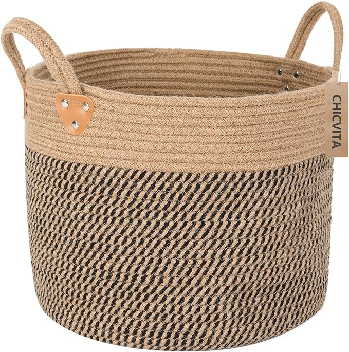 CHICVITA Wicker Laundry Basket With Handles, Storage Baskets for Decor, Rope Basket for Blankets, Toys, Clothes, Shoes, Plant Basket for Living Room, 14" X 14" X 12"