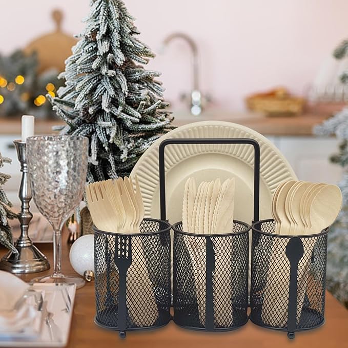 DysanVica Utensil Caddy Silverware Holder - 4 Compartment Metal Mesh Cutlery Fork Spoon Napkin Plate Organizer Flatware Storage Basket Party Kitchen Countertop Buffet Picnic Camping Outdoor BBQ Black
