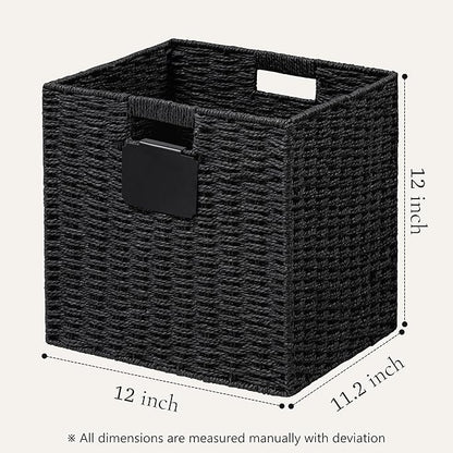 UBBCARE 4 Pack Wicker Basket, 12×12 Storage Cubes with Label, Foldable Cube Storage Bin with Handle, Square Storage Basket for Shelves, Woven Paper Rope Basket for Organizing, Black