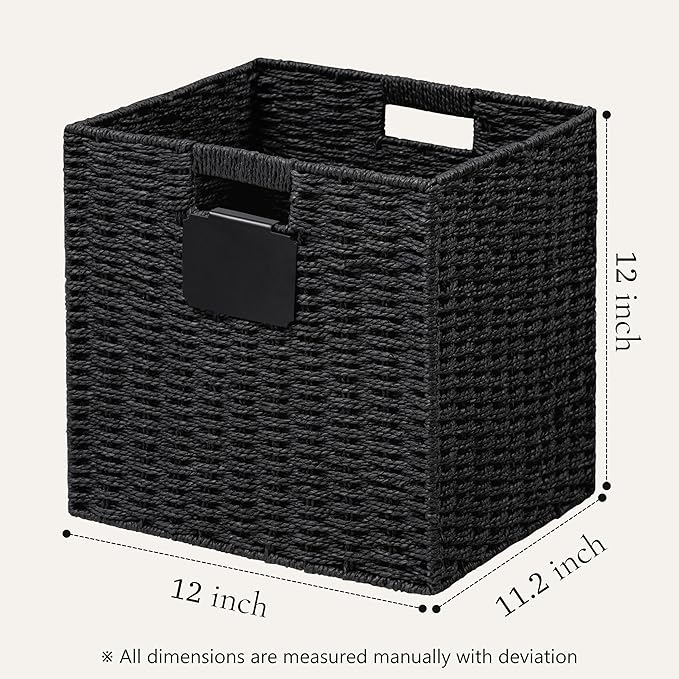 UBBCARE 2 Pack Wicker Basket, 12×12 Storage Cubes with Label, Foldable Cube Storage Bin with Handle, Square Storage Basket for Shelves, Woven Paper Rope Basket for Organizing, Black