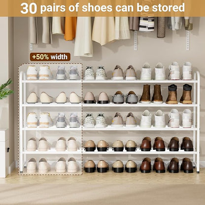 KEETDY 4-Tier Long Shoe Rack for Closet Floor, Wide Shoe Organizer Storage, Stackable Shoe Rack for Entryway Metal Shoe Shelf for 30 Pairs Men Sneakers with Wire Grid for Bedroom, White