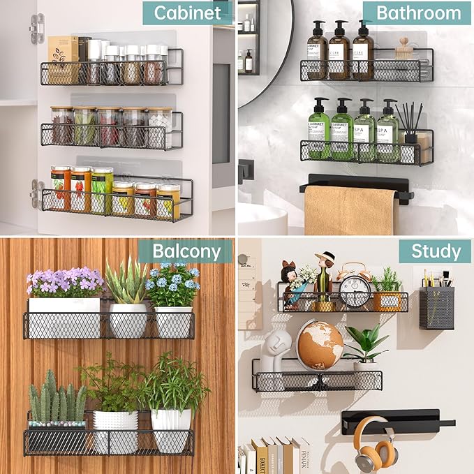 DTUQYX Spice Rack Wall Mounted 6 Pack: 100% Metal & Strong Adhesive Spice Organization for Kitchen Cabinet/Pantry Door, No Drill Hanging Seasoning Organizer with Paper Towel Holder, Utensil Caddy