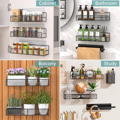 DTUQYX Spice Rack Wall Mounted 6 Pack: 100% Metal & Strong Adhesive Spice Organization for Kitchen Cabinet/Pantry Door, No Drill Hanging Seasoning Organizer with Paper Towel Holder, Utensil Caddy