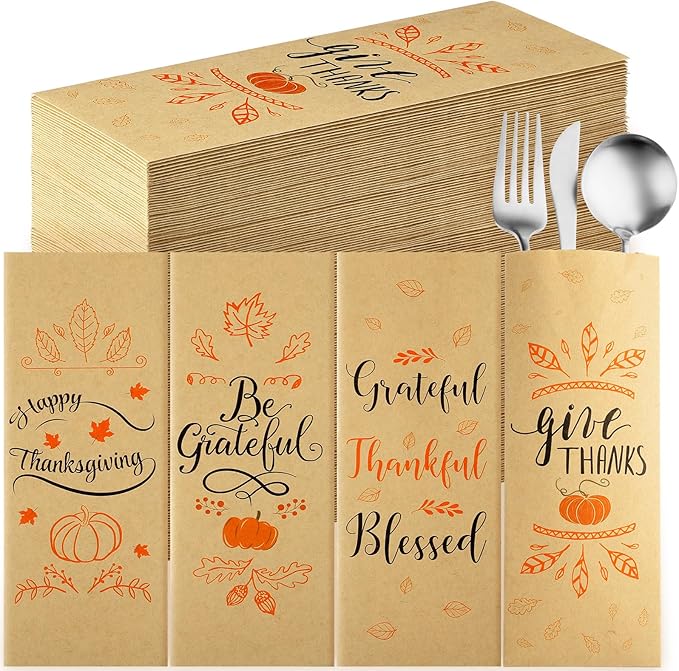 Sliner 200 Pcs Thanksgiving Cutlery Holders Fall Kraft Paper Silverware Bags Utensil Holders for Thanksgiving Party Decorations Autumn Farmhouse Harvest Party Favor Supply Table Decoration